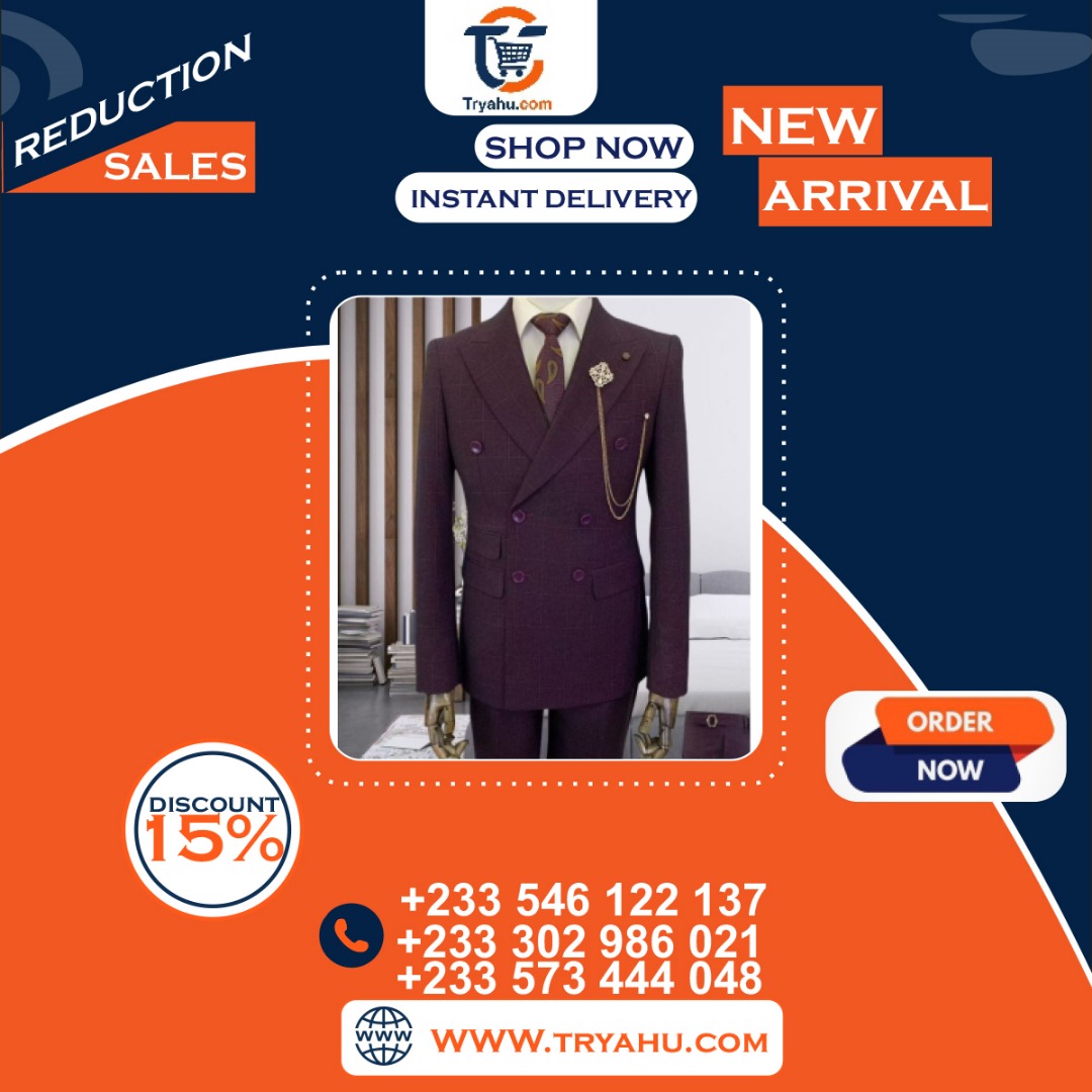 Quality Fabric New Check Double-Breasted Suit Dark Purple Mens Classic Wear